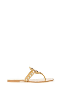 Tory burch women’s beige leather thong sandal with gold-tone circular studs and branded logo accent