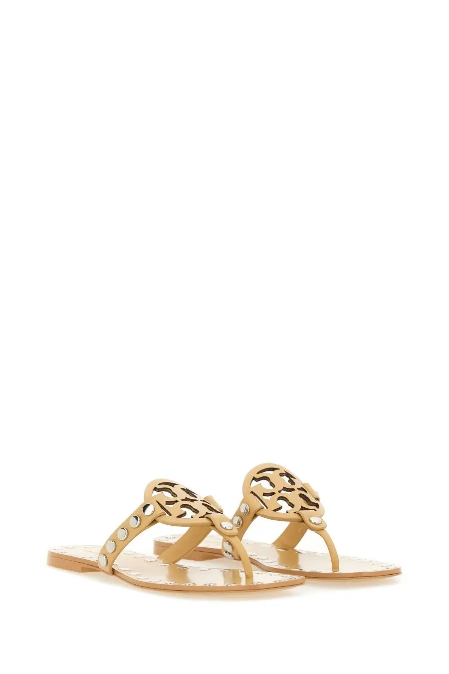 Beige leather tory burch women’s studded miller thong sandals with silver-tone hardware and decorative cutout design