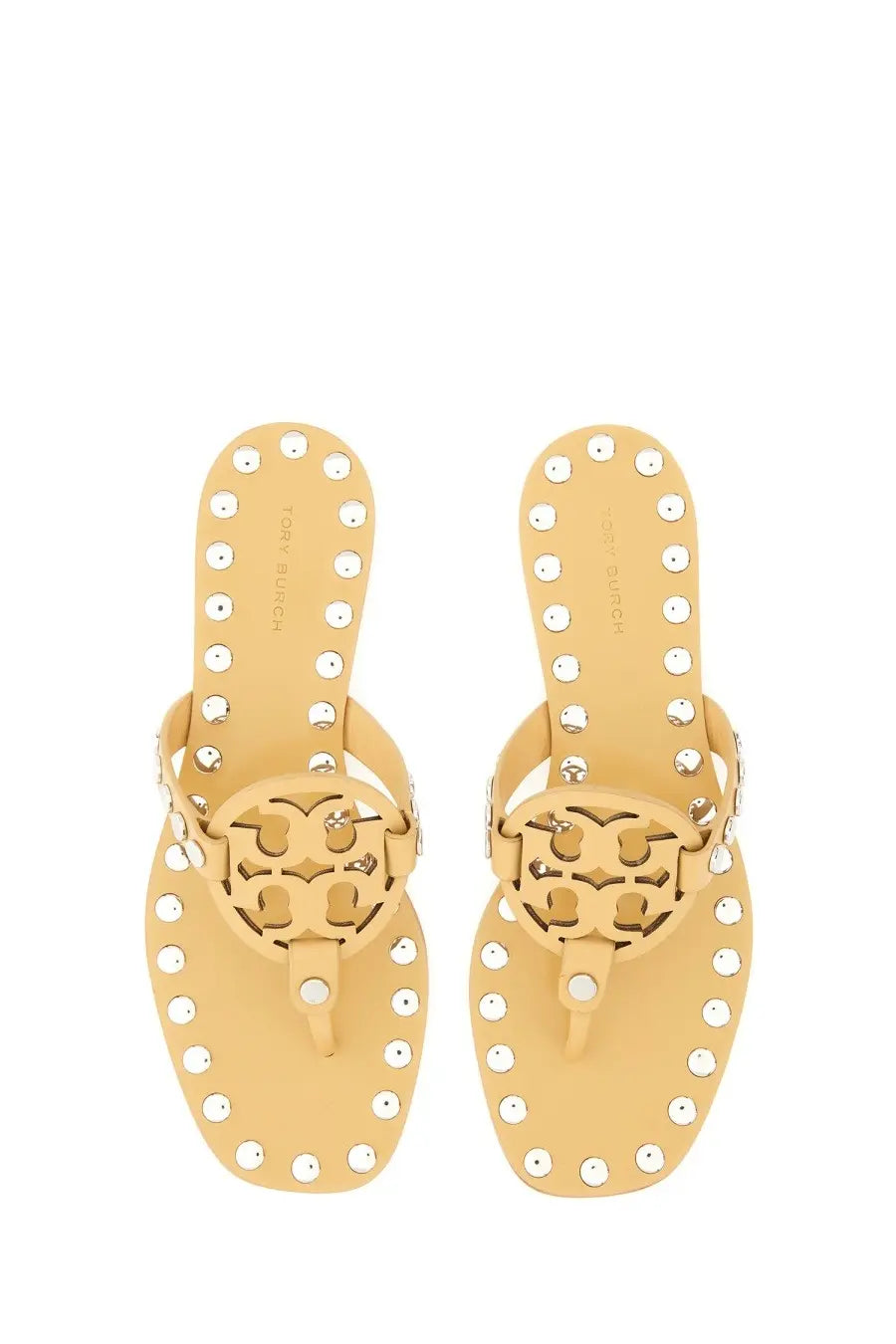Beige leather tory burch women’s studded miller sandals with silver toned studs and signature logo medallion