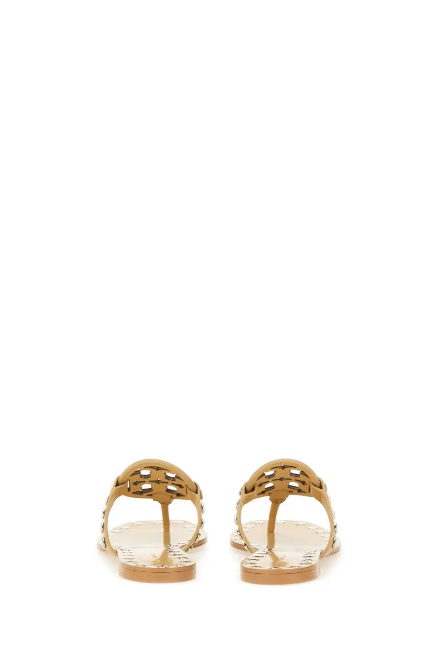 Tory Burch women’s beige leather t-strap sandal with openwork design and metallic studded sole accents