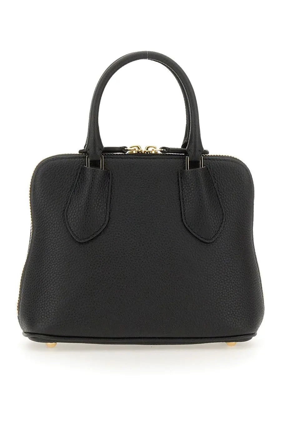Black pebbled leather Tory Burch women’s swing mini trunk bag with gold-tone hardware and top handles