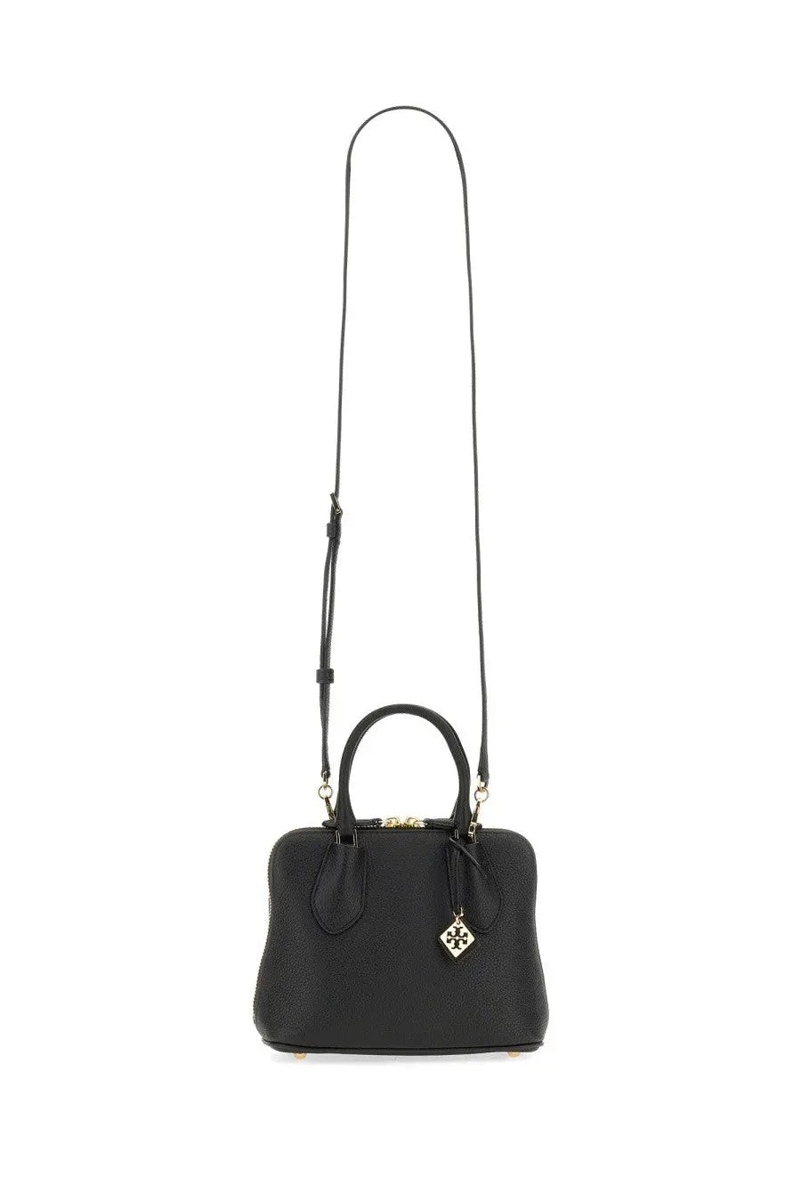 Tory burch women’s swing mini trunk bag in black black pebbled leather with gold-tone hardware and signature logo charm