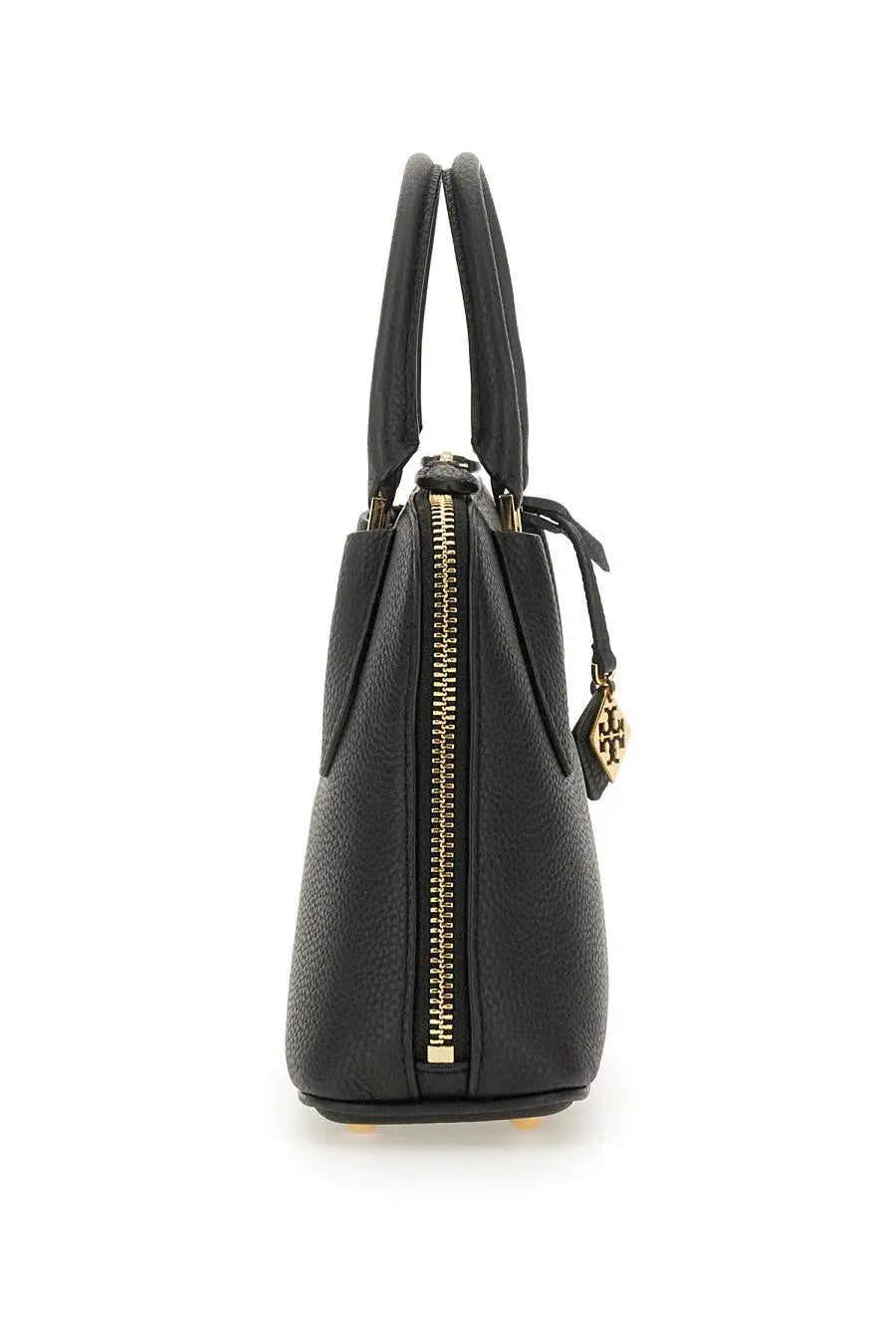 Tory Burch women’s swing mini trunk bag in black textured leather with gold-tone zipper and signature charm