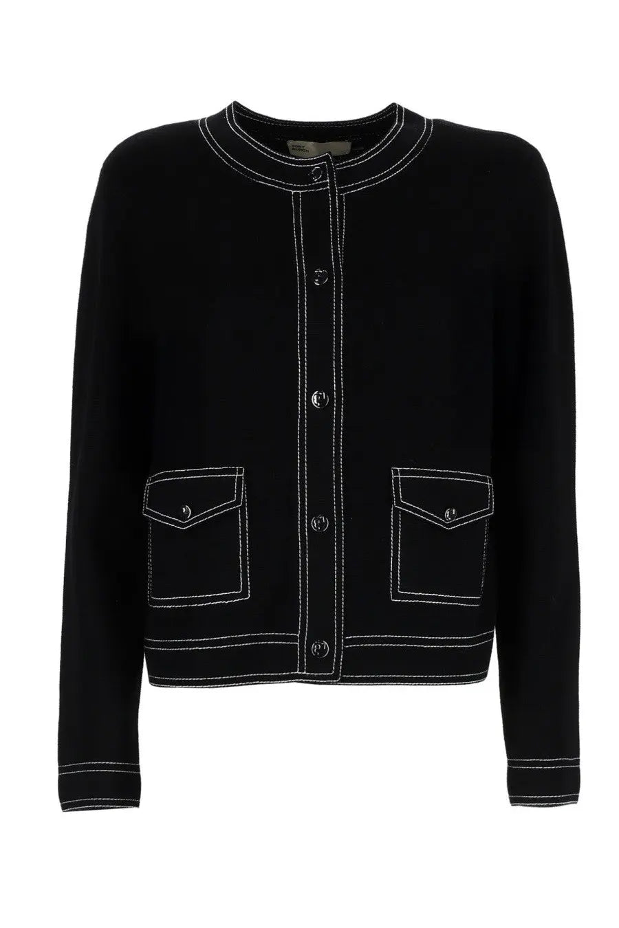 Tory Burch women’s black knit cardigan with white contrast topstitching on neckline front placket pockets and cuffs