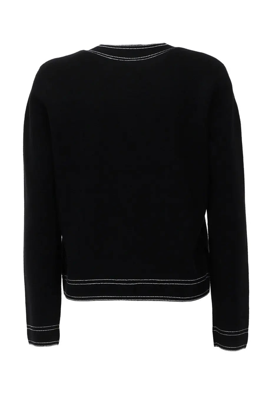 Tory burch women’s black long-sleeved cardigan with white topstitched detailing on neckline hem and cuffs