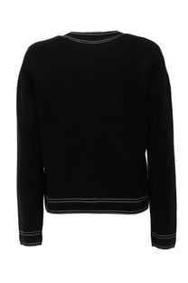 Tory burch women’s black long-sleeved cardigan with white topstitched detailing on neckline hem and cuffs