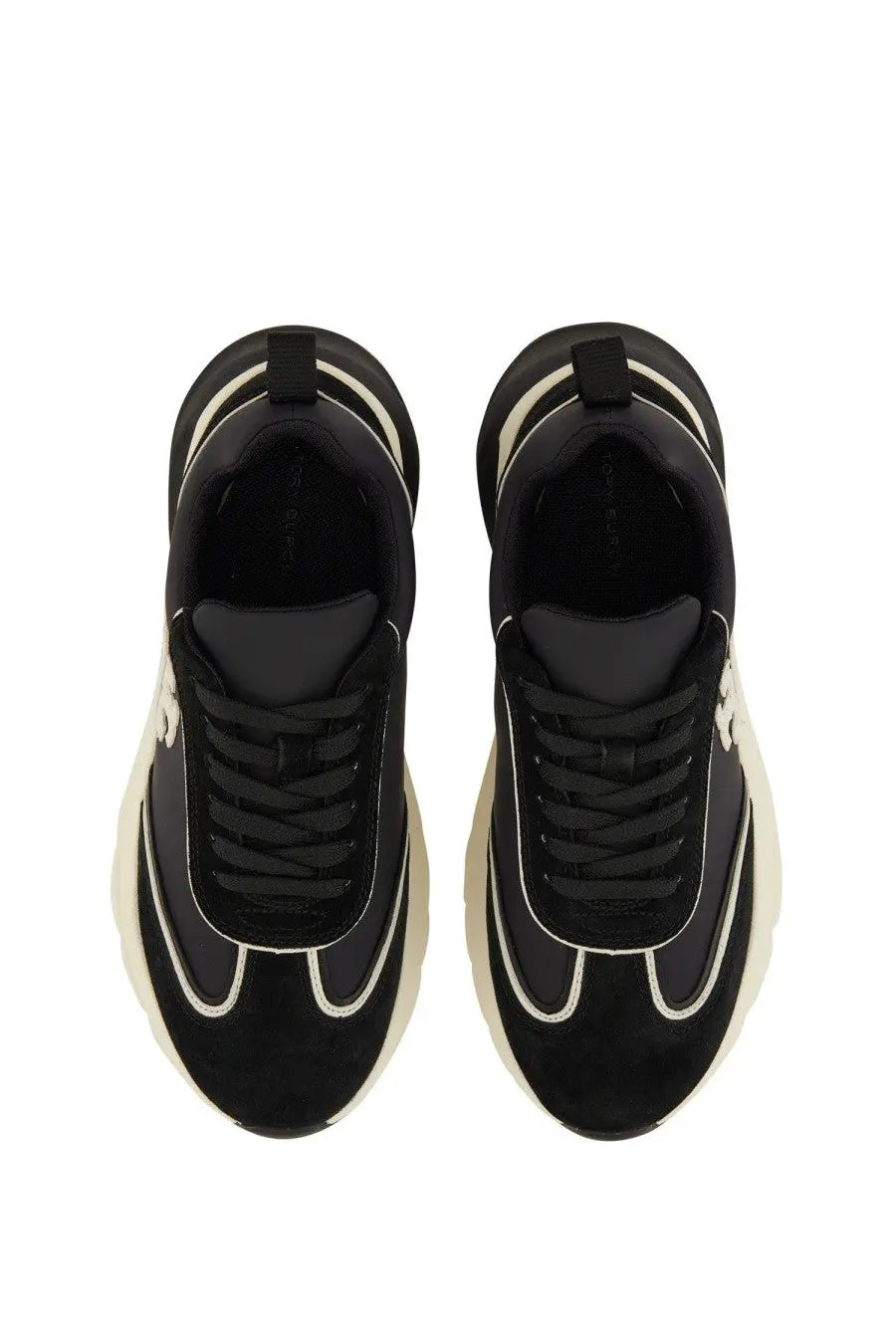 Tory Burch women’s trainer good luck black chunky sneakers with cream suede upper white stitching and bold rubber sole