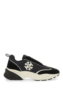 Tory Burch women’s trainer good luck black sneaker with black suede mesh upper cream chunky sole and white logo