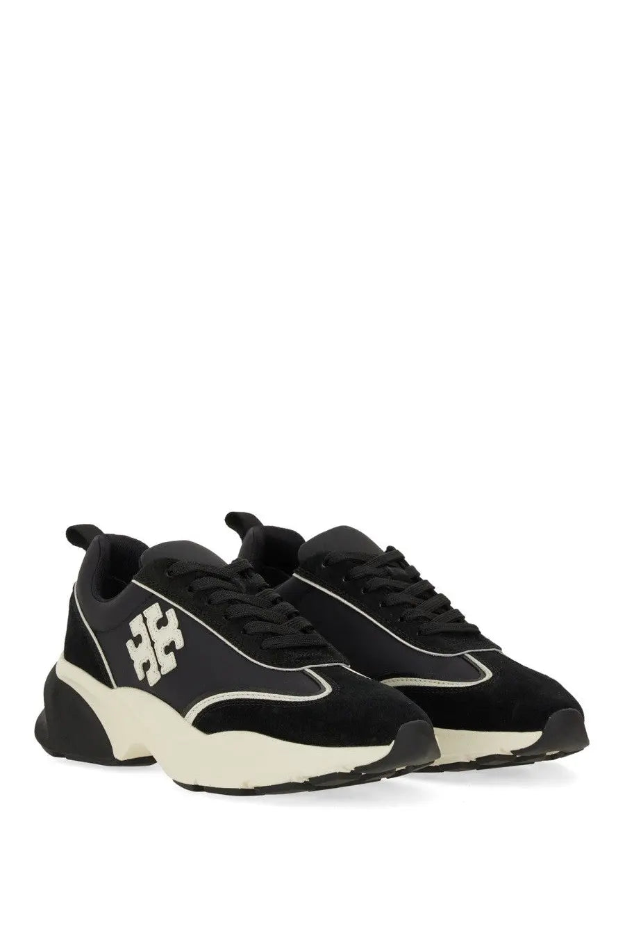 Tory Burch women’s trainer good luck black suede and mesh sneakers with cream chunky sole and white logo detailing