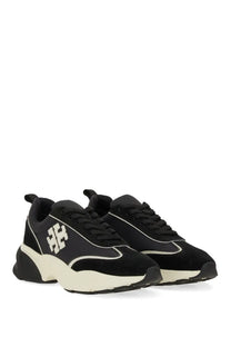 Tory Burch women’s trainer good luck black suede and mesh sneakers with cream chunky sole and white logo detailing