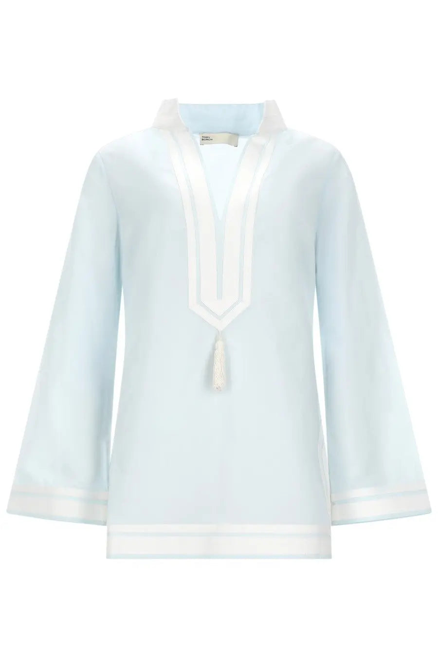 Tory Burch women’s tunica in cotone blue sheer light blue blouse with white trim and tassel neckline detail
