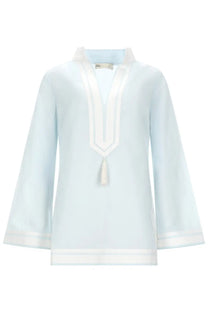 Tory Burch women’s tunica in cotone blue sheer light blue blouse with white trim and tassel neckline detail