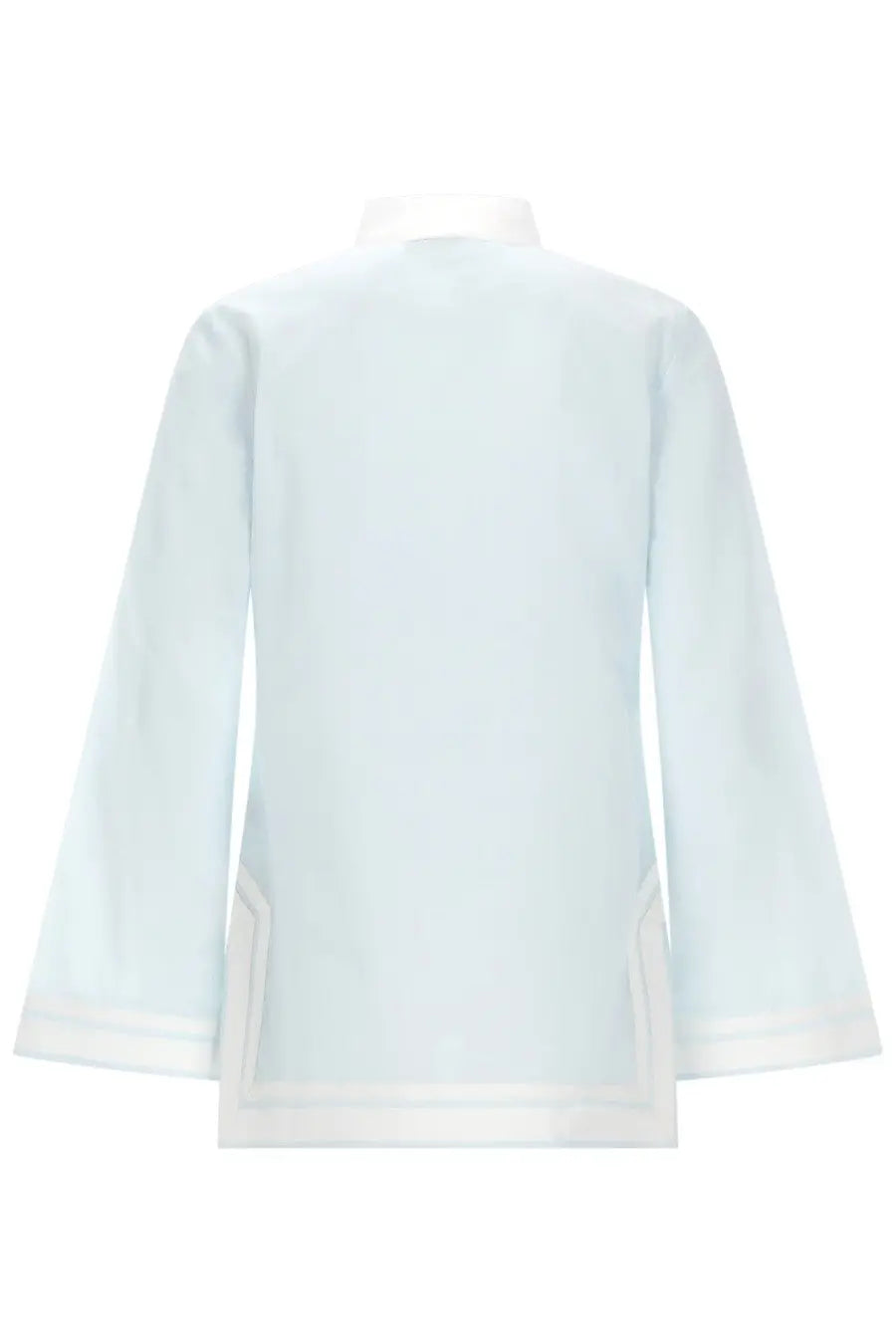 Tory Burch women’s cotone blue tunica light blue long sleeved blouse with high collar and white trim on sides and cuffs