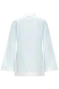 Tory Burch women’s cotone blue tunica light blue long sleeved blouse with high collar and white trim on sides and cuffs