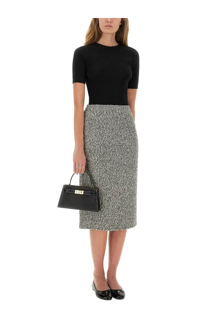 Black leather handbag with gold-tone hardware and structured rectangular shape for tory burch women’s tweed skirt black