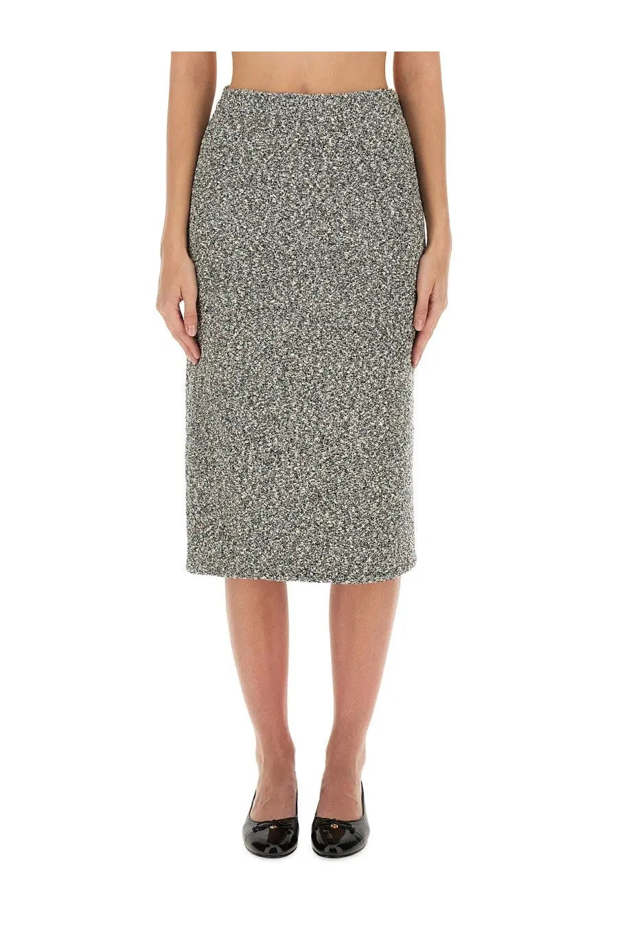 Tory Burch women’s tweed skirt black textured gray and white fitted pencil silhouette for stylish wear