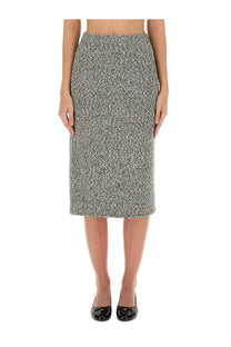 Tory Burch women’s tweed skirt black textured gray and white fitted pencil silhouette for stylish wear