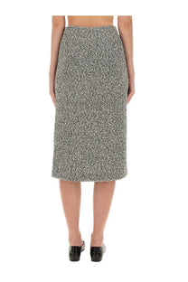 Tory Burch women’s tweed skirt in heathered gray and white with a textured mid-calf length design