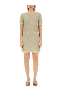 Tory Burch women’s beige and black striped tweed dress with short sleeves front pockets and matching belt detailing