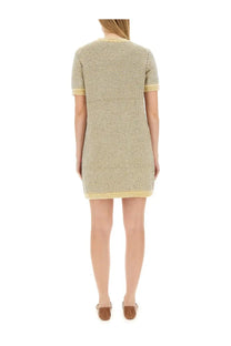 Tory Burch women’s velvet dress in beige and cream striped ribbed knit fabric with short sleeves and textured design