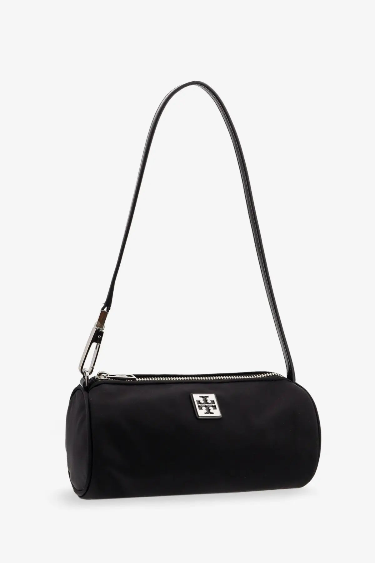 Tory Burch women’s Virginia nylon cylindrical shoulder bag in black with silver-tone logo plaque and matching strap