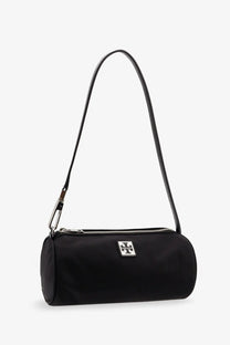 Tory Burch women’s Virginia nylon cylindrical shoulder bag in black with silver-tone logo plaque and matching strap
