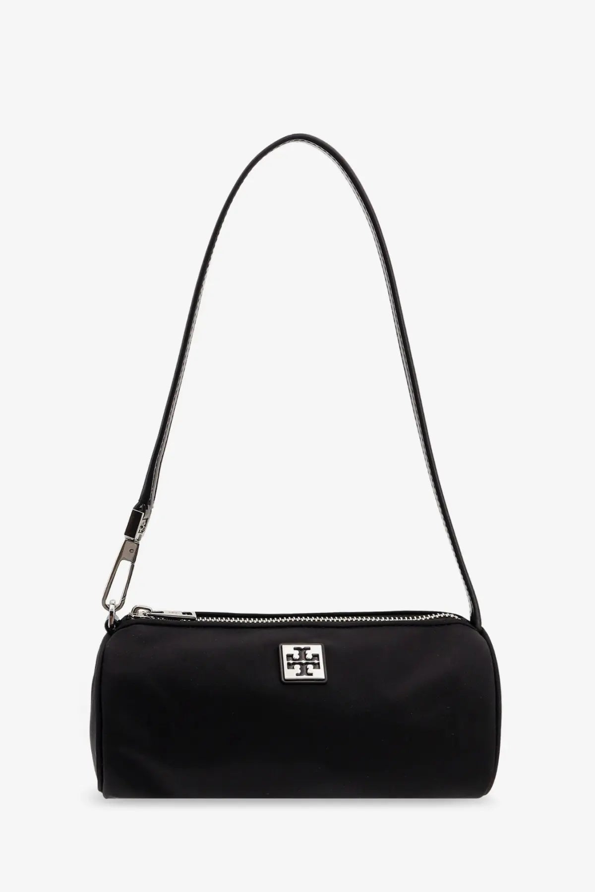 Tory Burch women’s Virginia nylon black cylindric shoulder bag with silver-toned logo plaque and matching strap