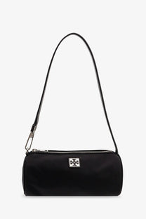 Tory Burch women’s Virginia nylon black cylindric shoulder bag with silver-toned logo plaque and matching strap
