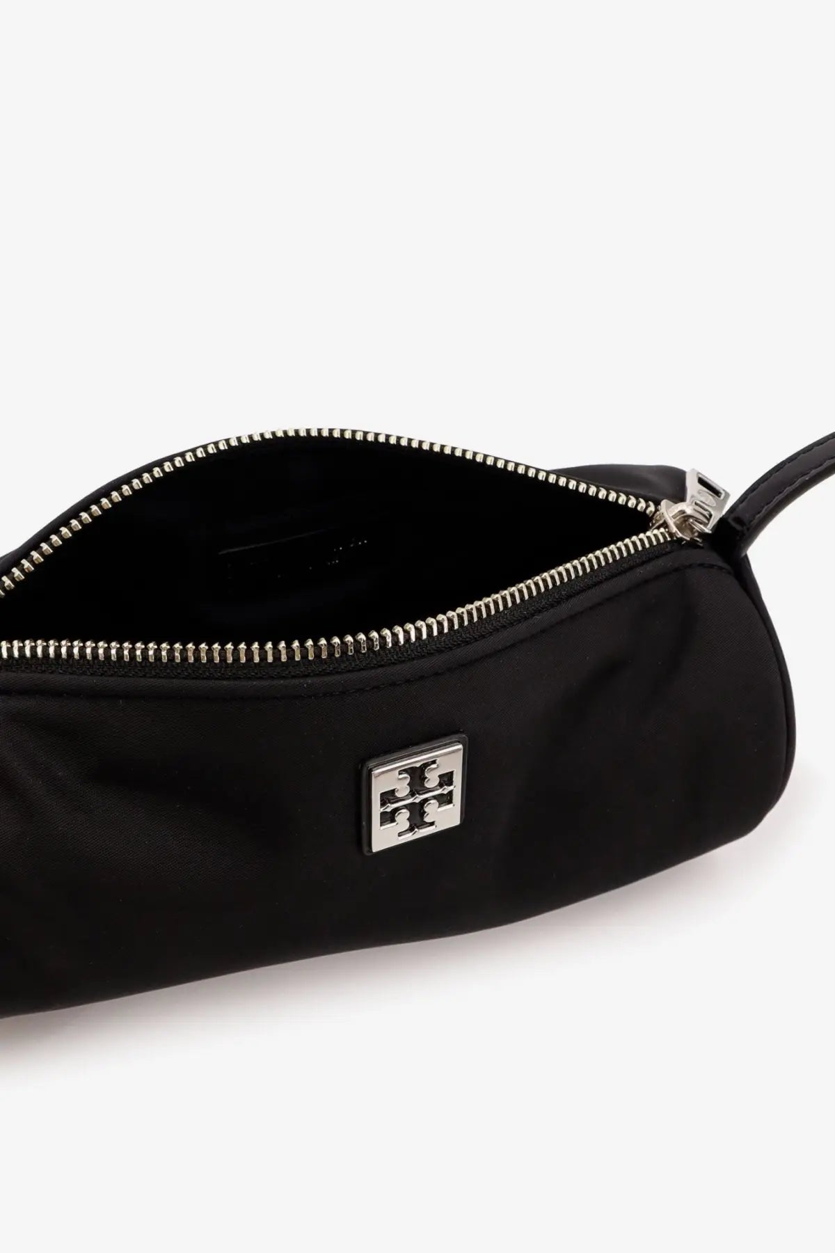 Tory burch women’s virginia black nylon cylindric shoulder bag with silver-toned zipper and logo plaque