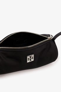 Tory burch women’s virginia black nylon cylindric shoulder bag with silver-toned zipper and logo plaque