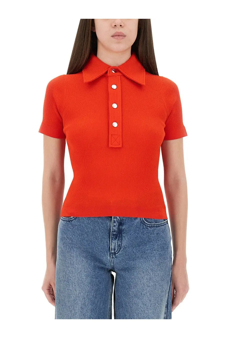 Tory Burch women’s red viscose polo shirt with vibrant orange ribbed knit texture white buttons and logo patch at waist