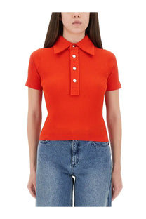 Tory Burch women’s red viscose polo shirt with vibrant orange ribbed knit texture white buttons and logo patch at waist