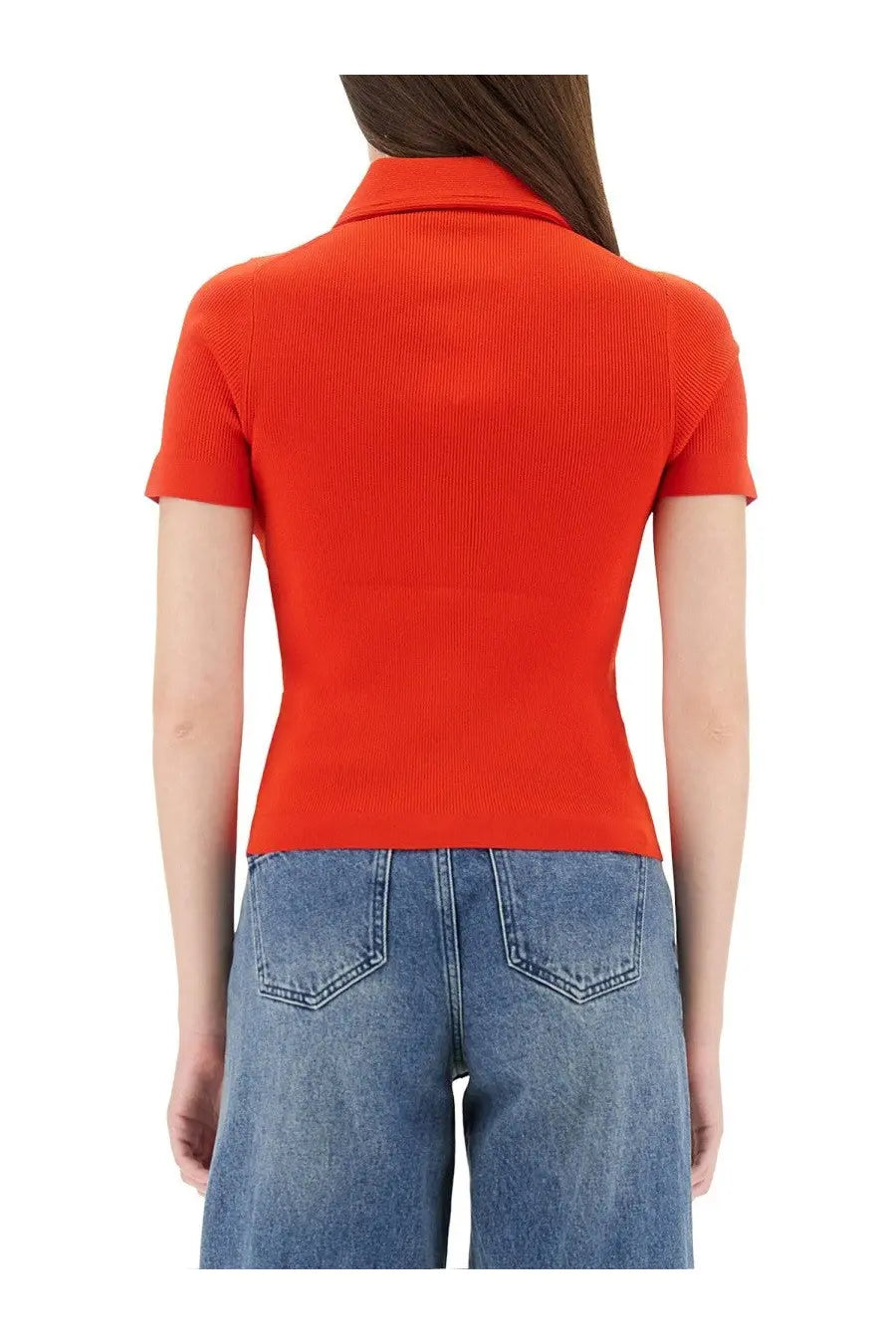 Tory Burch women’s vibrant orange ribbed knit viscose polo shirt with classic collar and short sleeves