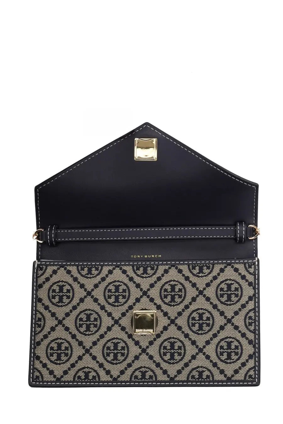 Tory Burch women’s wallet blue with black and beige patterned envelope clutch and gold-tone hardware
