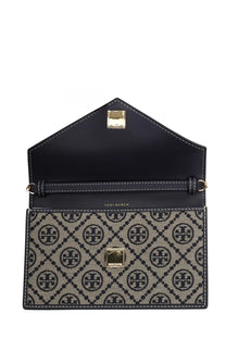 Tory Burch women’s wallet blue with black and beige patterned envelope clutch and gold-tone hardware