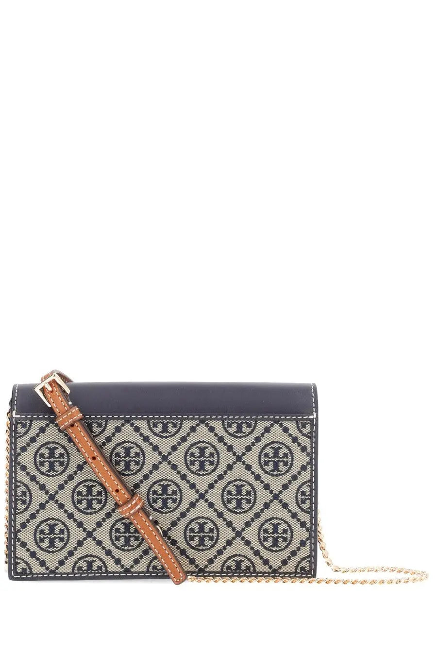 Tory Burch women’s wallet blue featuring a navy and beige patterned crossbody bag with gold-tone chain strap
