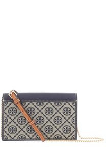 Tory Burch women’s wallet blue featuring a navy and beige patterned crossbody bag with gold-tone chain strap