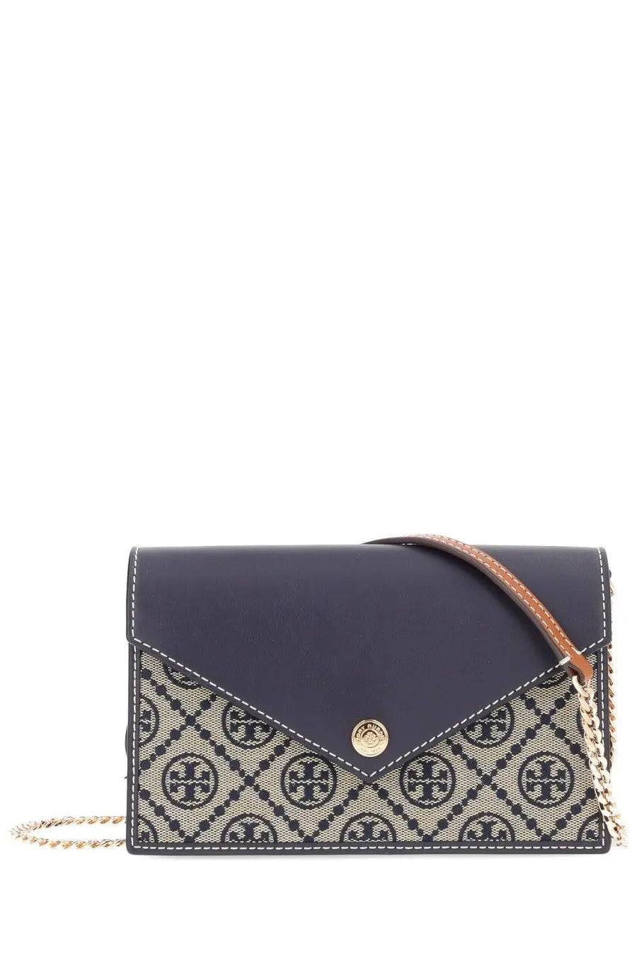 Tory Burch women’s wallet navy blue and beige patterned envelope clutch with gold-tone hardware and tan leather strap