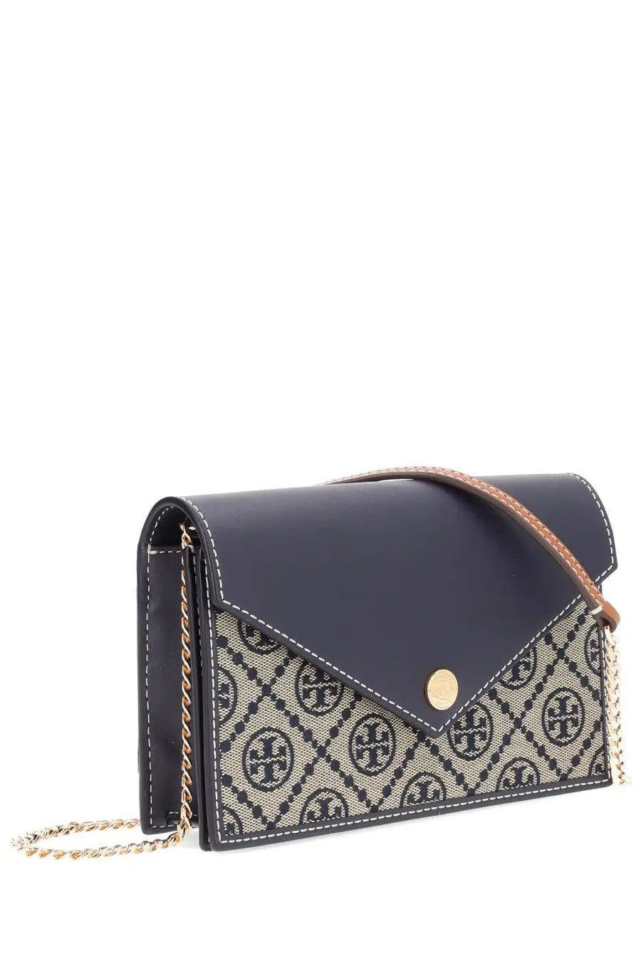 Navy blue and beige patterned tory burch women’s wallet clutch with gold-tone hardware and chain strap