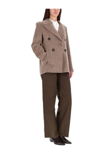 Tory Burch women’s wide twill brown jacket beige double-breasted wool coat with dark buttons front view