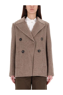 Beige wool double-breasted Tory Burch women’s wide twill jacket with dark buttons and structured lapels