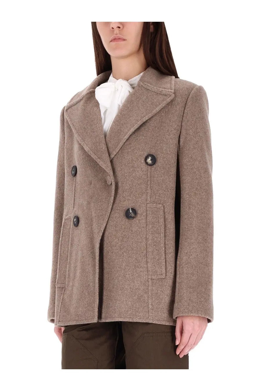 Tory Burch women’s taupe wide twill double-breasted herringbone wool coat with dark buttons and flap pockets