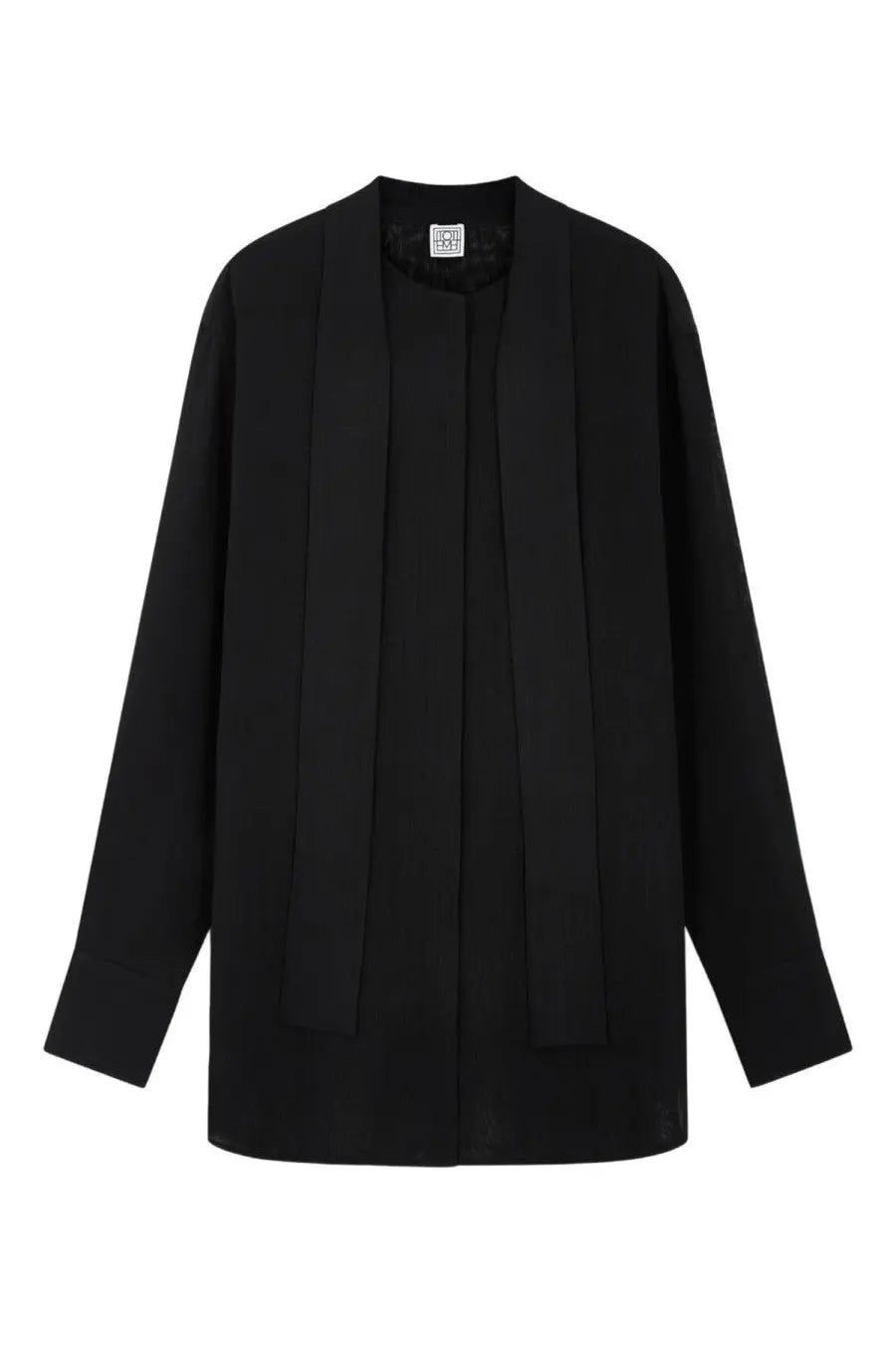 Toteme women’s black long-sleeved blouse with draped front and subtle pleats in a minimalist design