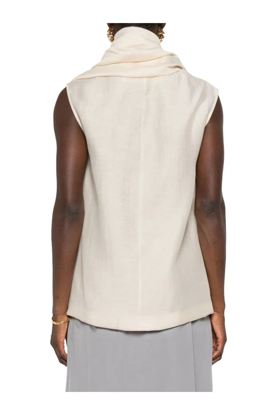 Toteme women’s cream-colored sleeveless blouse with high draped collar and smooth fabric in pink tone