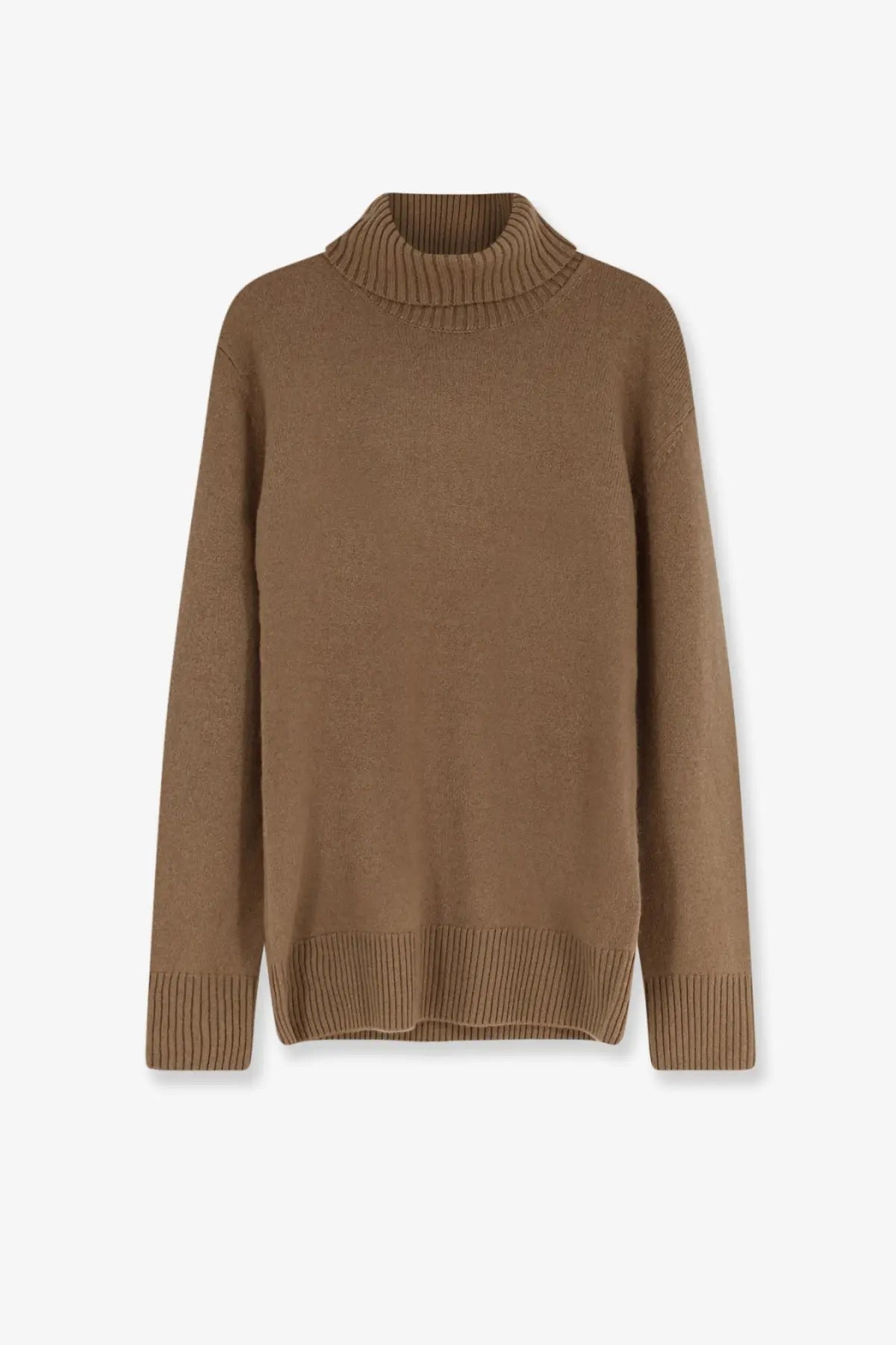 Toteme women’s cashmere turtleneck brown soft camel-colored long-sleeved sweater with ribbed cuffs and hem