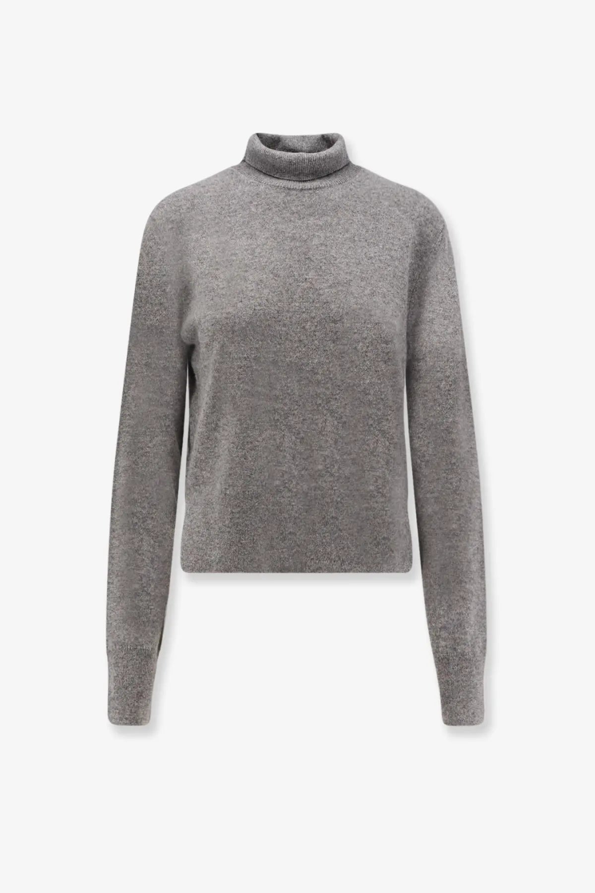 Toteme women’s cashmere turtleneck sweater in soft heathered gray with fine knit texture and ribbed cuffs