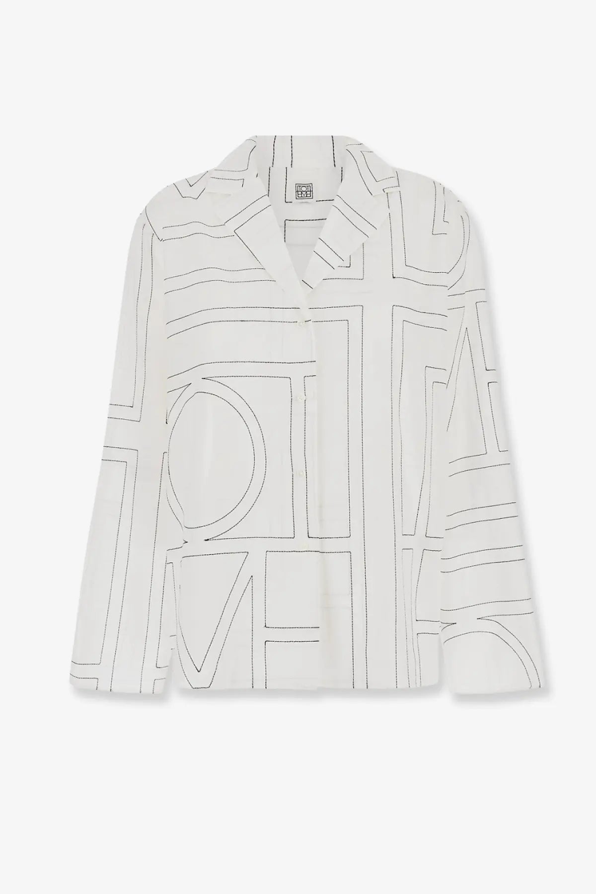 Toteme women’s cotton blend pajama top in white with black geometric line pattern long sleeves and collar