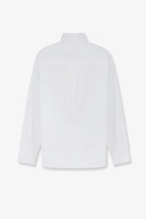 White minimalist cotton button-up shirt with stand collar and subtle pleats down the back toteme womens shirt