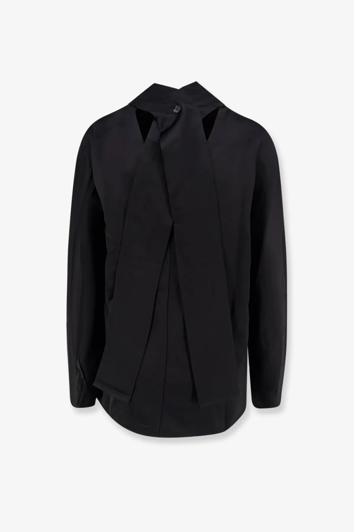 Toteme women’s black long-sleeved shirt with cowl neck, viscose and linen, featuring asymmetrical front design and collar cutouts