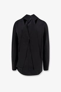 Toteme women’s black long-sleeved shirt with cowl neck, viscose and linen, featuring asymmetrical front design and collar cutouts